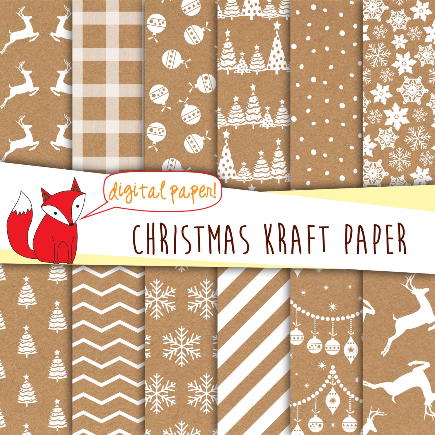 Christmas Kraft Paper Digital Paper Reindeer Paper