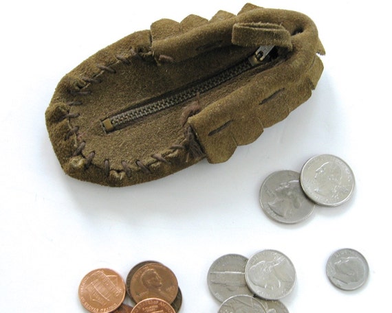 Items similar to Vintage Suede Moccasin Coin Purse Zippered Brown Hand Stitched Leather on Etsy