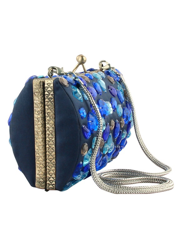 Blue Beaded Bag Blue Evening Bag Blue Clasp Purse Blue