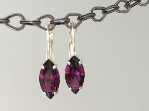 Matte Silver SALE** Crystal Leverback Earrings, Amethyst Crystal Earrings, Marquise Crystal Earrings, Purple Crystal Earrings