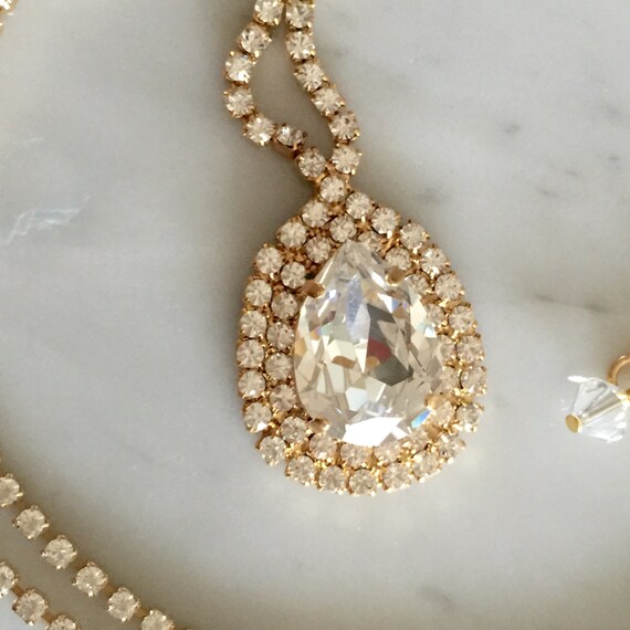 Large Pear Cut Swarovski Clear Crystal Bridal, Cocktail Yellow Gold Necklace