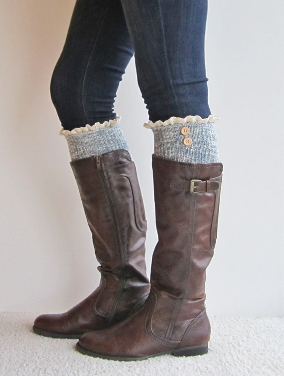 Women Cute Boot SOCKS Knit Blue Ivory w/ Cream by MyFifiDesigns