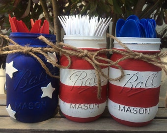 American Flag Painted Mason Jars - Red, White and Blue - Fourth of July Party Decor - Picnic BBQ Utensil Holder - July 4 Patriotic Vase
