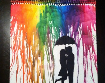 Melted Crayola Crayon Art Canvas - Rainbow Rain Silouhette Couple Under ...