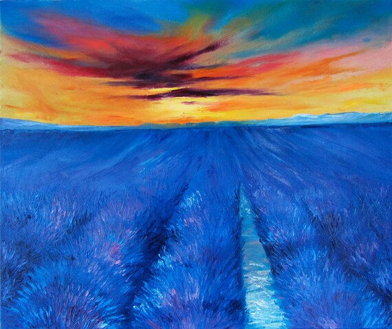 Sunset Blue Lavender Field Original Oil Painting By Petyamollova