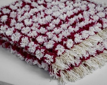 Items similar to Baby Blanket, Pom Poms, Hand Knit - Pink, Blue, Yellow, Gree...