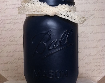 Navy Blue, Distressed, Painted Mason Jar pint size