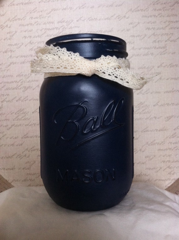 Navy Blue Distressed Painted Mason Jar pint size