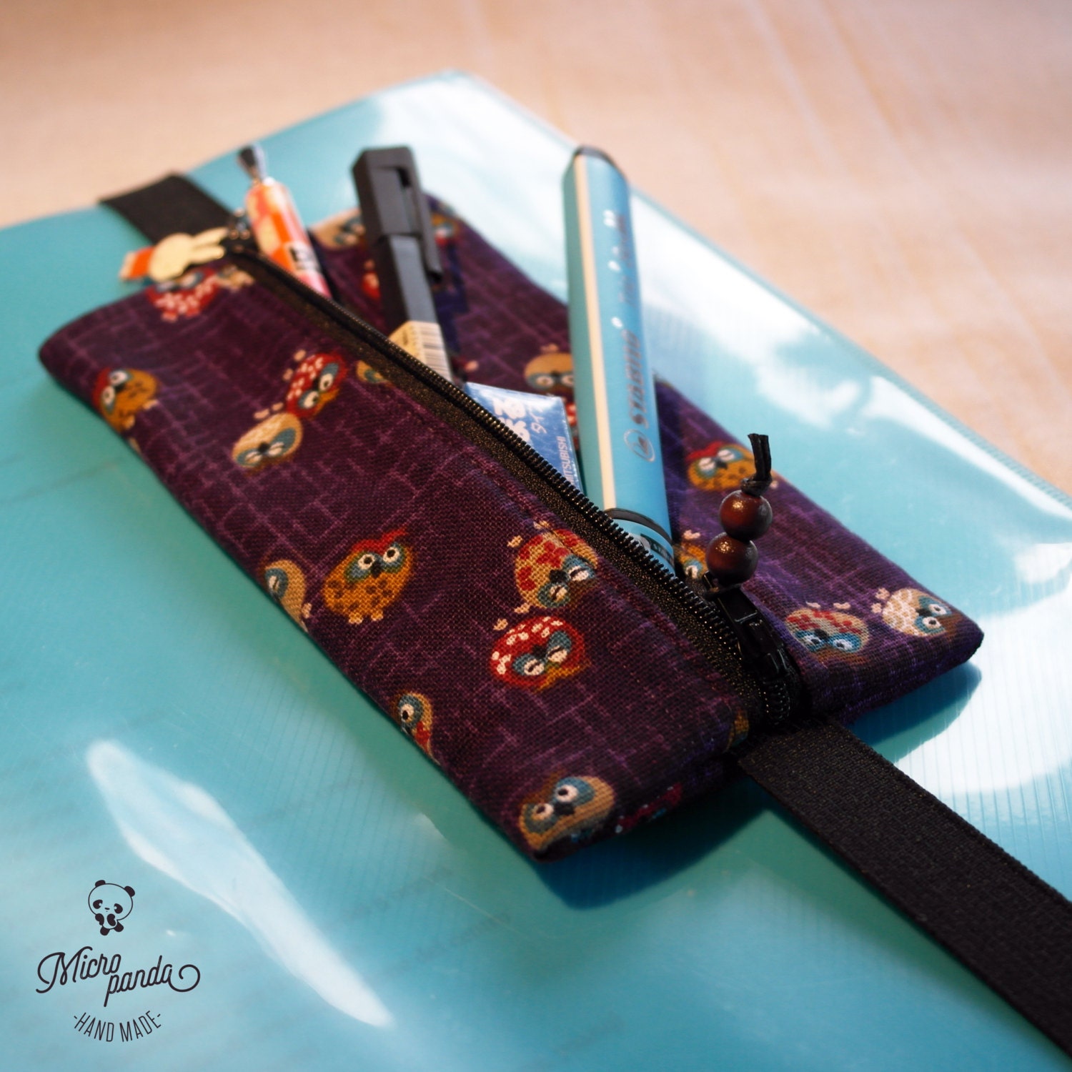 Pen case with elastic band for notebooks made with owl