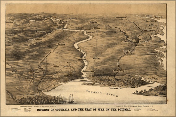 24x36 Poster Civil War Map Washington D.C. Potomac River