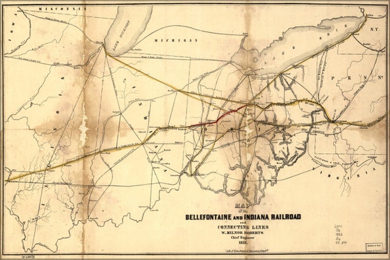 24x36 Poster Map Of Bellefontaine & Indiana Railroad Ohio