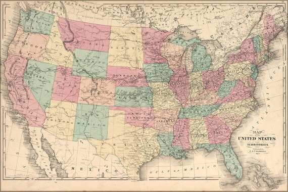 24x36 Poster 1875 Map Of The United States Of America