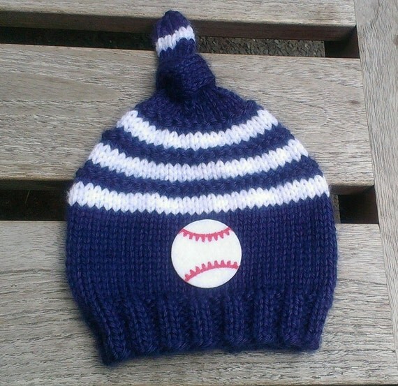 Items similar to Blue baby hat / Knit top knot hat / Baby boy knit hat / Base...