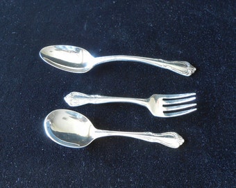 3 piece Baby Set Silver Plate in Chalice/Harmony/Jasmine Pattern by Oneida Wm Rogers in 1950s