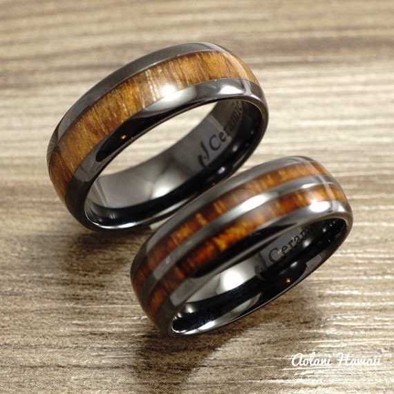Wedding Ring Set - Black Ceramic Ring with Koa Wood Inlay (8mm  8 mm ...