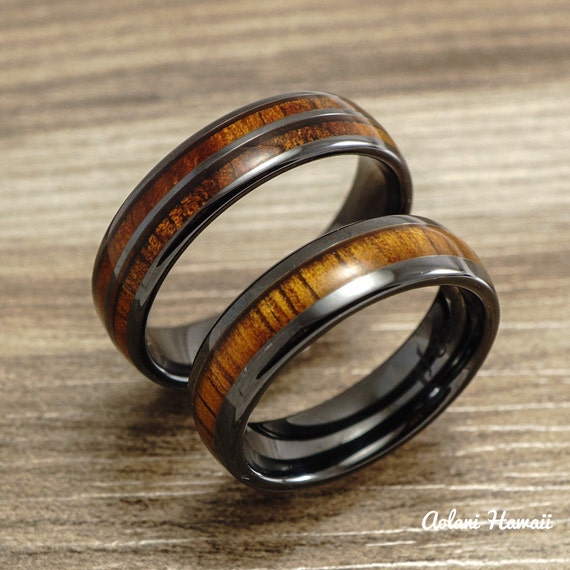 Wedding Ring Set - Black Ceramic Ring with Koa Wood Inlay (6mm  6mm ...