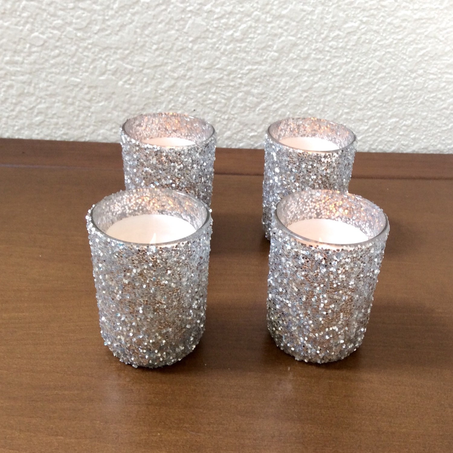 4 Silver Glitter Candle Holders wedding candle by Lenoreloves