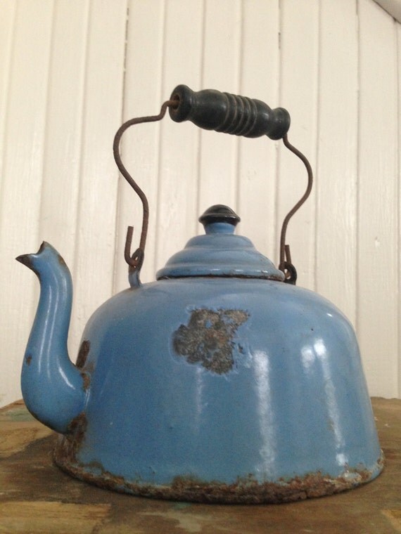 Vintage Enamel Blue Metal Teapot Kettle by whatafindantiques