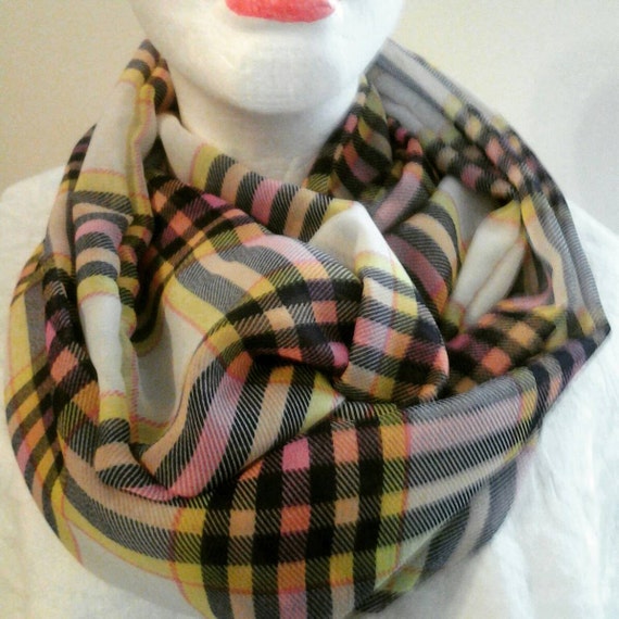 Multi-colored plaid infinity scarf yellow pink black white