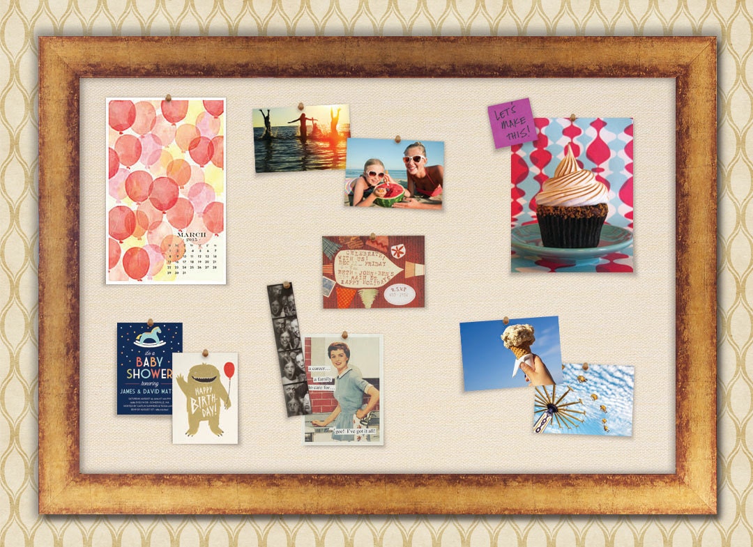 Antique Gold Framed Fabric Bulletin Board with Straw Fabric