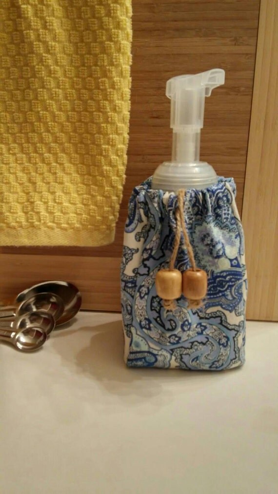 Soap Dispenser Cover, Blue White, Sewn Woven Cotton, Wood Beads