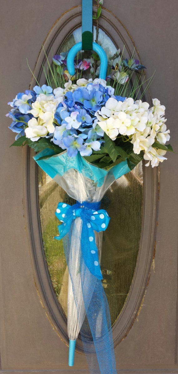 Spring Umbrella Wreath/Door Hanger. Blue and white flowers in