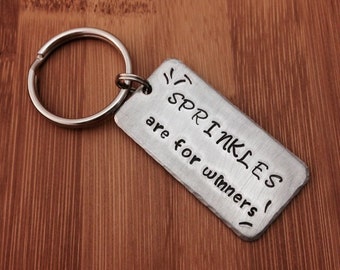 Sprinkles Are For Winners - Hand Stamped Keychain, Bag tag, or Necklace - Flo - Progressive - Funny - Gift idea