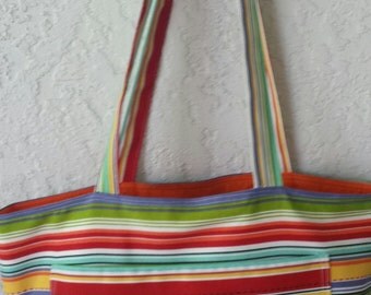 Multi Stripped Tote Beach Purse Can vas Bag Long Handles ...