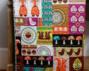 Modern Gender Neutral Baby Quilt- Baby Girl Quilt- Baby Boy Quilt- Norwegian Woods- Woodland Nursery Bedding, Teal, Purple, Orange- Homemade