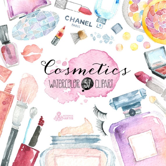 Makeup Cosmetics Watercolor. 57 Hand painted clipart diy