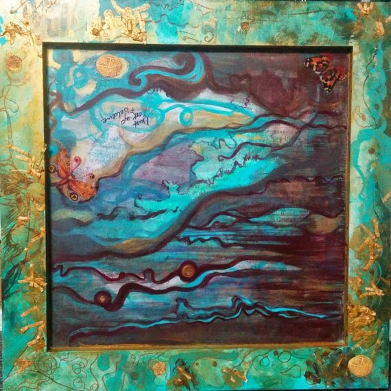 original fine art mixed media abstract painting in Turquoise and gold