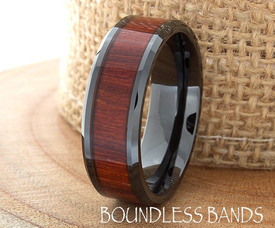 Wood Ceramic Wedding Band Black Wood Wedding Ring 8mm Mens Womens Wood Anniversary Ring Custom Laser Engraved High Polished Beveled His Hers