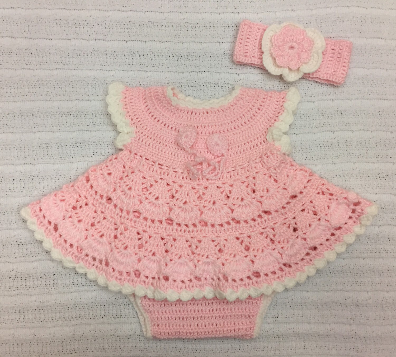 Crochet newborn dress set with matching headband and diaper