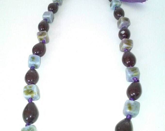 Marble Stone Multi Color Purple Ribbon Necklace.
