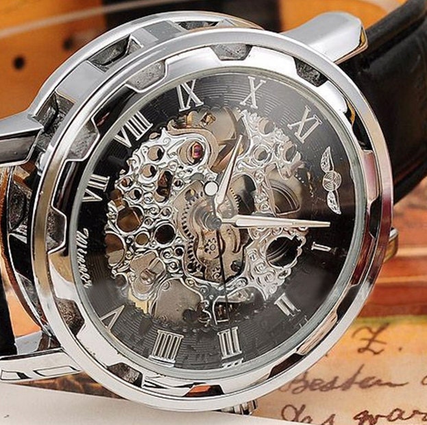 New Mens Classic Black Leather Dial Mechanical Sport Army Skeleton Wrist Watch steampunk buy now online