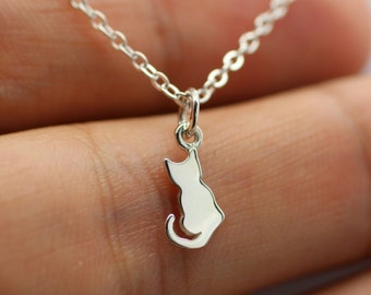 TINY CAT NECKLACE - 925 Sterling Silver - Cat Charm Kitty Pet Jewelry Cat Silhouette