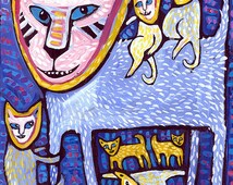 Group of purple, yellow, pink, whimsical cartoon <b>cats. Wild</b>,colorful , - il_214x170.759781956_fx2z