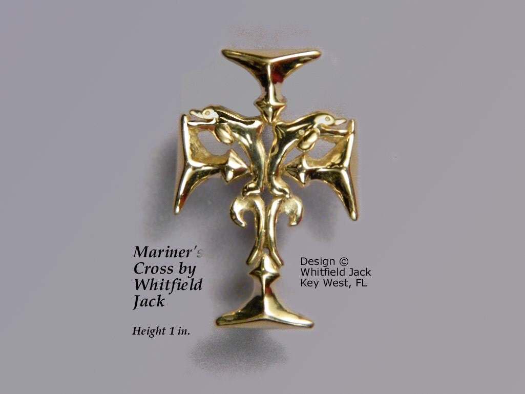 Mariners Cross Pendnt with Dolphins. 14K Gold.