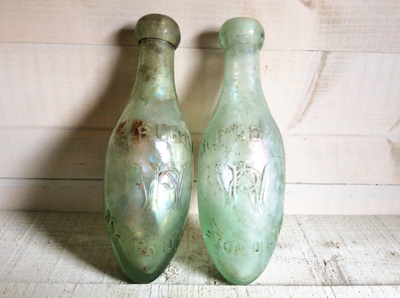 ANTIQUE TORPEDO BOTTLES Pair Old Vintage Soda Bottles