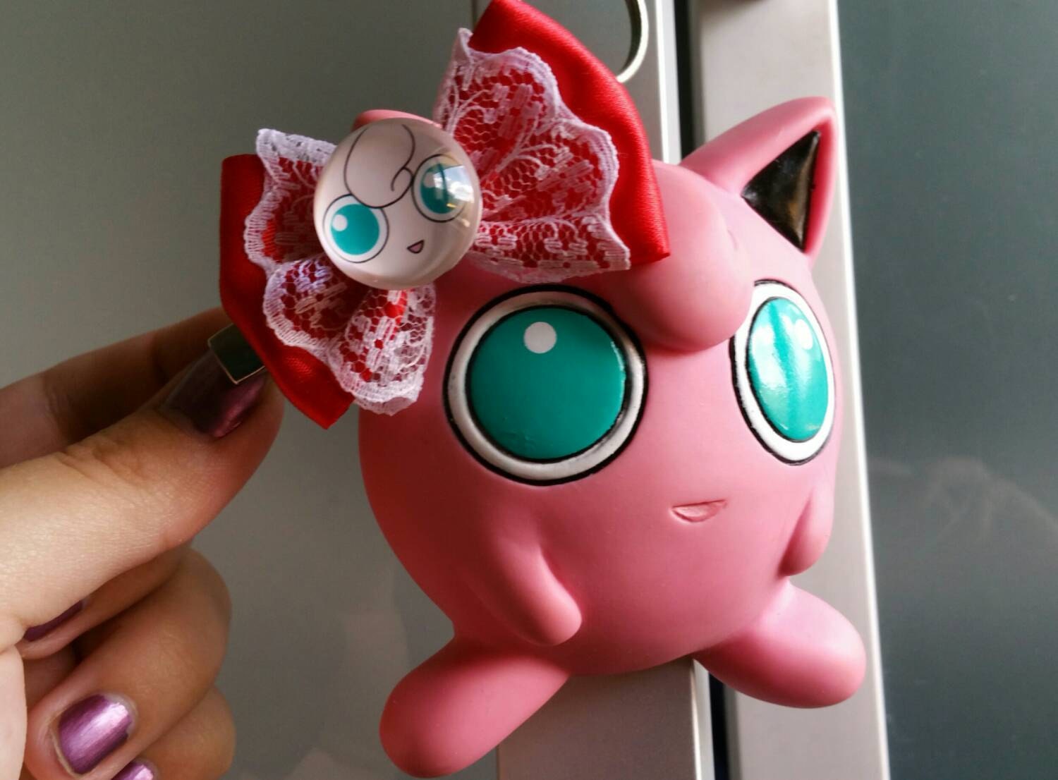 Jigglypuff metal prong hair clip with red bow by TheCrystalBadge