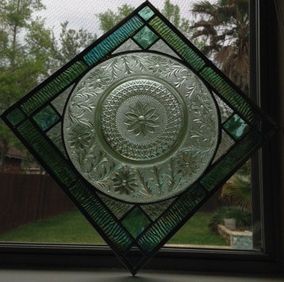 Items similar to Greeen vintage plate stained glass panel on Etsy