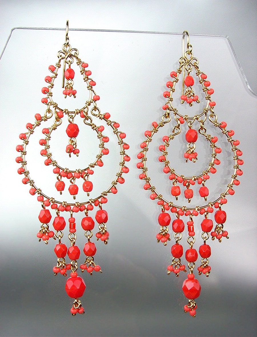 Coral Red Crystal Beads Chandelier by ChandelierDelights