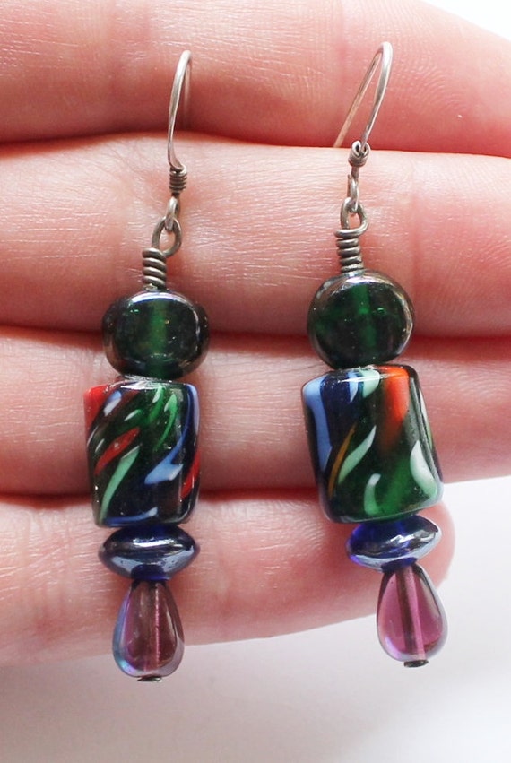 Vintage STERLING SILVER 925 Colorful Glass Dangle or by paststore