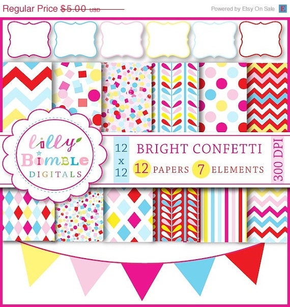 50% off CONFETTI digital papers birthday printables, invites, cards, confetti scrapbook papers, frames clipart Il_570xn