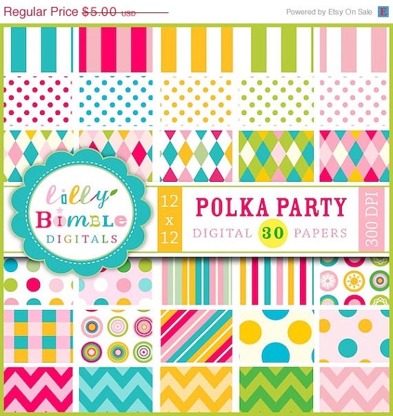 50% off Digital Scrapbook Papers Polka Party Polka Dots, Chevron, Stripes Commerical Use Il_570xn