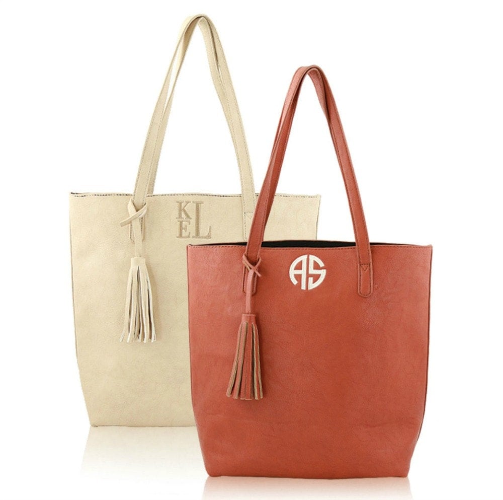 Monogram Faux Leather Tote with Tassel Camel Monogram