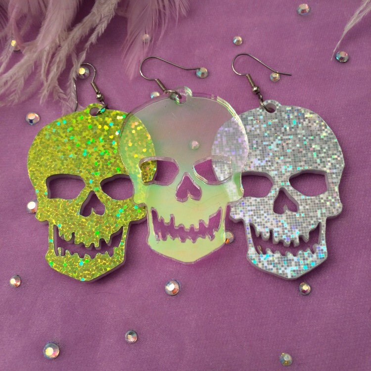 Sweet Skull Acrylic Earrings in Sparkle Green by imyourpresent