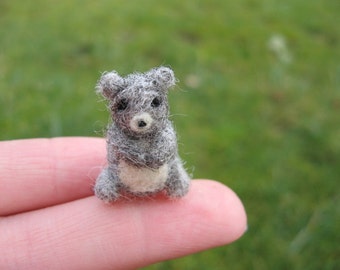 Needle Felted Miniature Gray Bear Tiny Figure