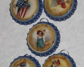 Set of 5 Blue Distressed Bottle Cap Charms July 4th Americana Themed Vintage Look Party Favors Mini Ornaments Holiday Decor