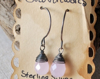 Rose Quartz Earrings Faceted Briolettes in Sterling Silver